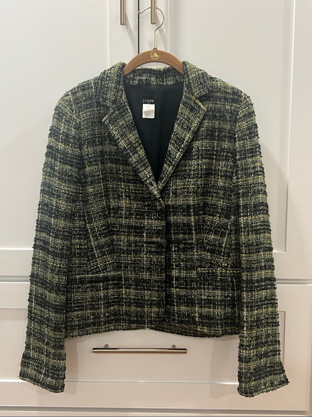 J.Crew Chartreuse Green, Olive & Black Bouclé Tweed Blazer Jacket - Size 8